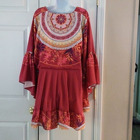 Umgee boho high low wide bell sleeve V neck blouse top Sz 1XL NWOT - Picture 5 of 6